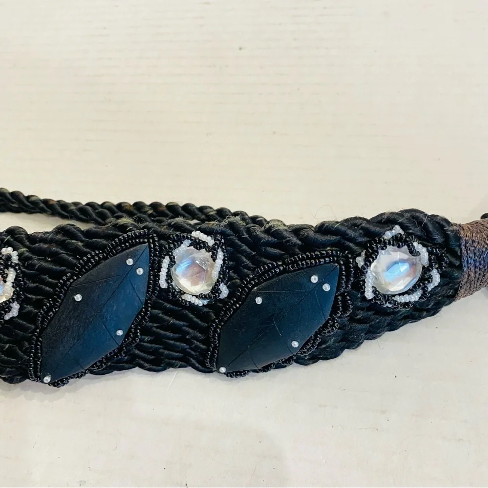 Vintage 80s Artsy Wood Beaded and Carved Shell Cummerbund Rope Belt Retro Boho